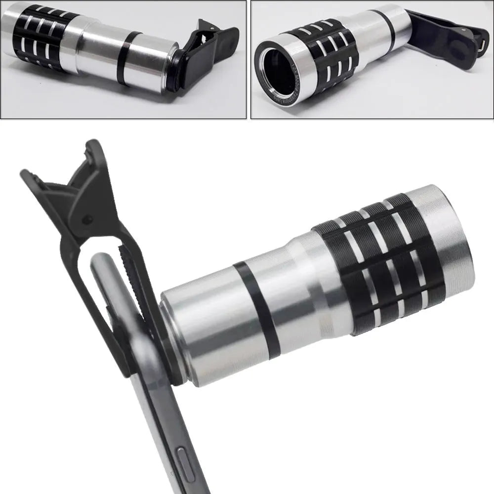 12x telescopic zoom lens with universal collar clip attached to a mobile phone for long-distance filming.