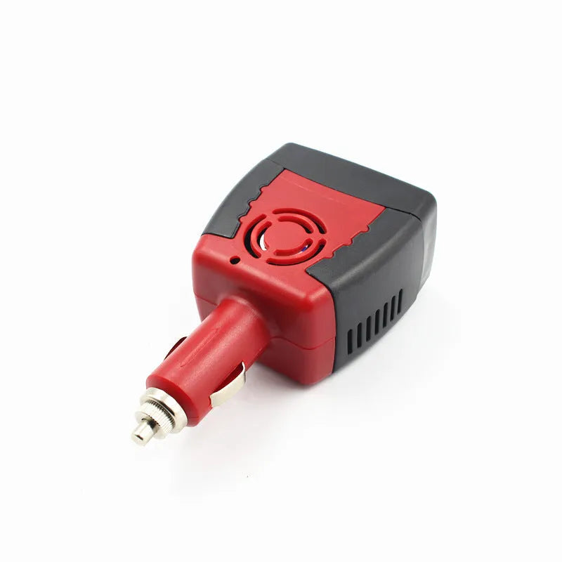Black and red 150W car power inverter with AC plug and USB port
