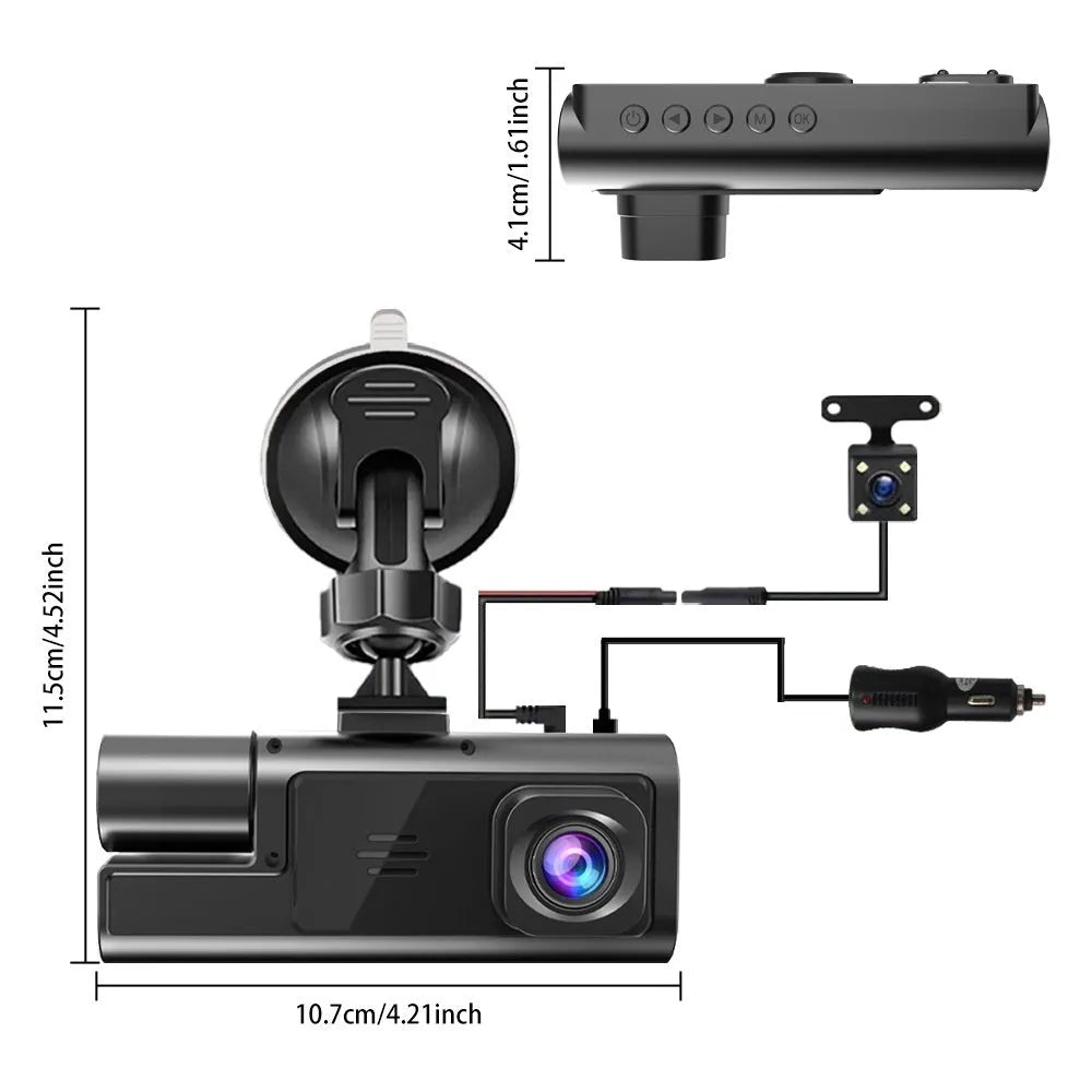 Black car dash cam with 2-inch screen, mounted on windscreen, showing WiFi logo and rear camera for reversing image.