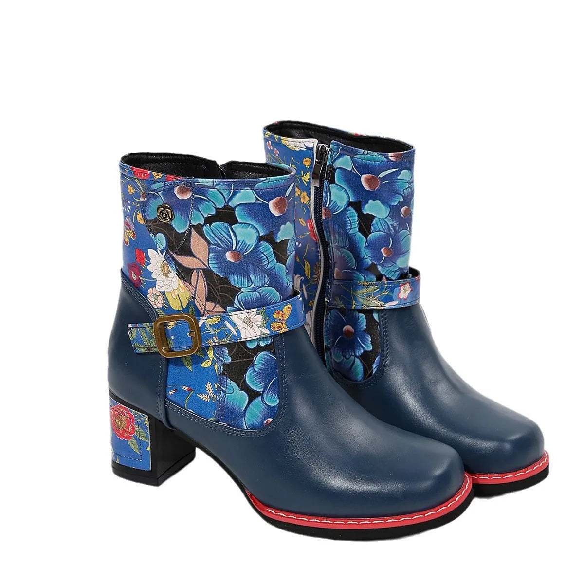 Women's printed stitching round head thick bottom bootie in artificial PU with rubber sole
