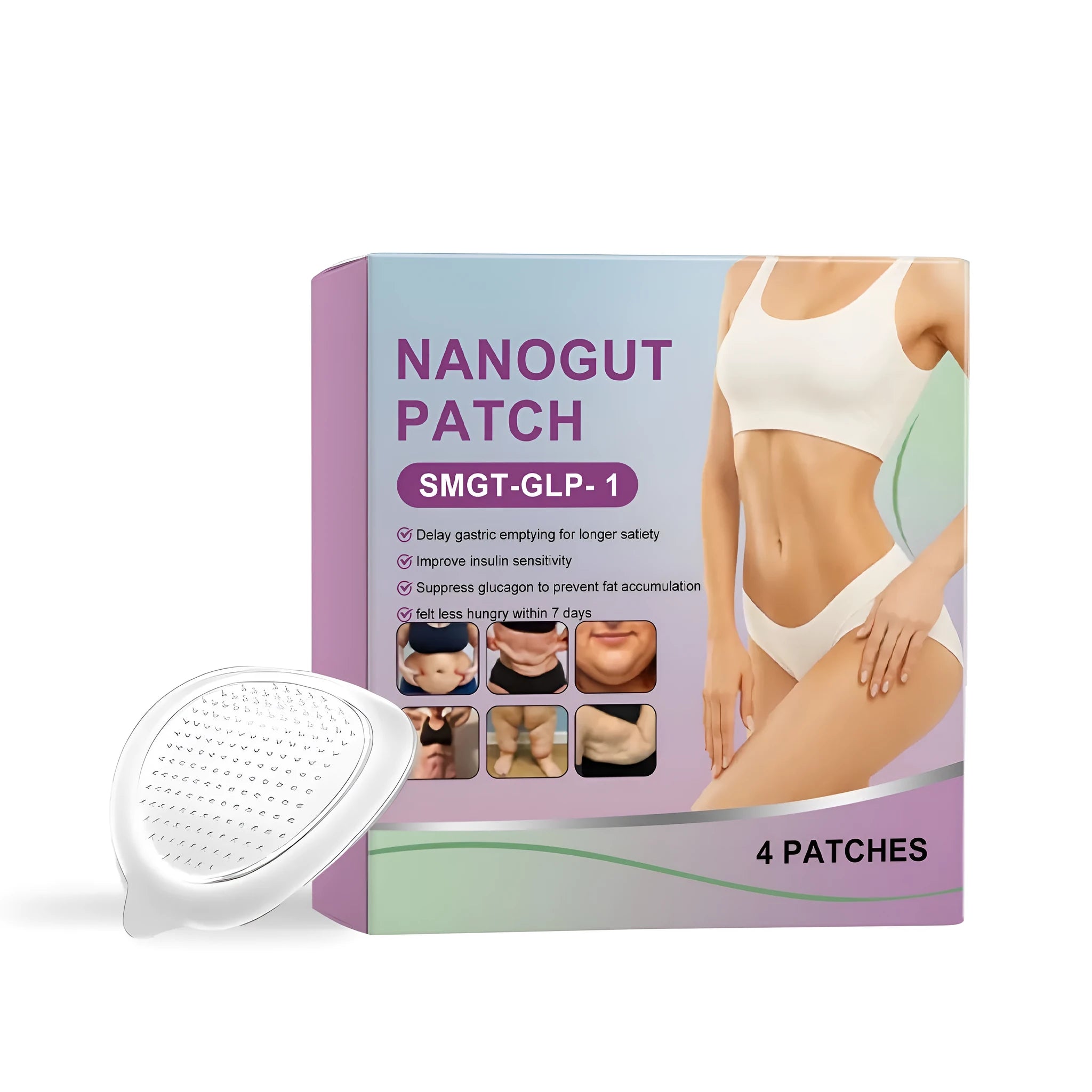 Four appetite control microneedle patches with dissolvable tips.