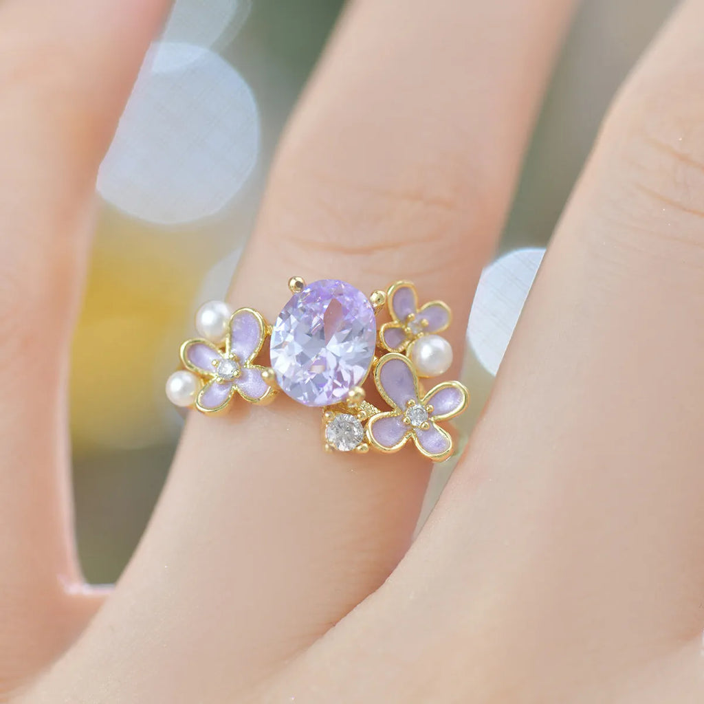 Women's open ring with flower pearl zircon design in yellow or light purple colour