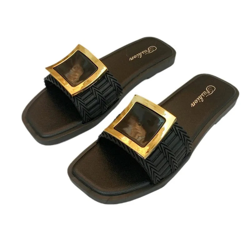 Women's flat casual slippers in apricot colour with a textured non-slip PVC sole.