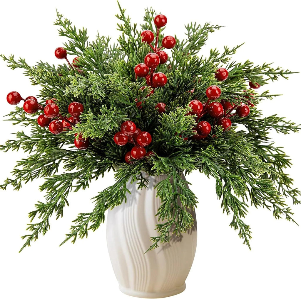 45 piece plastic artificial pine cypress branches and red berries set for home decoration