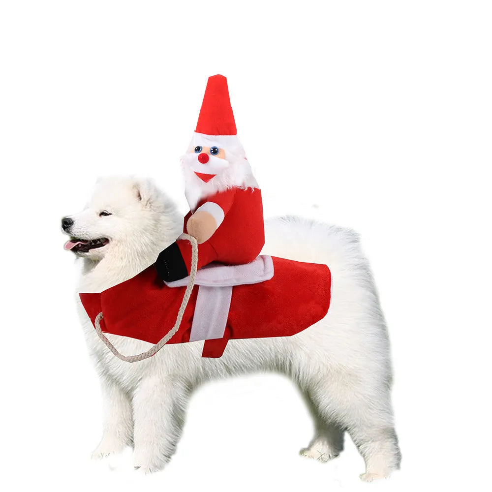 Santa Claus horseback riding pet costume in cloth, styles Brown, Christmas doll, Old man doll, sizes S to XL.