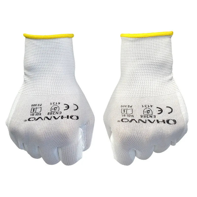 White PU coated work gloves showing flexible material and extended 24 cm cuff length.
