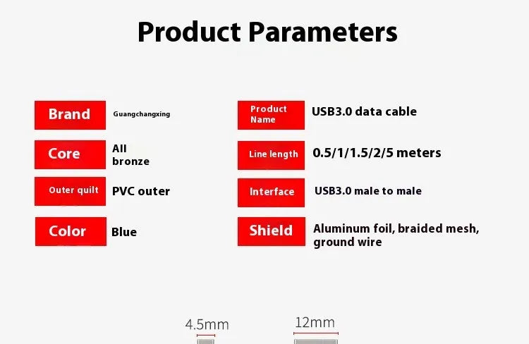 USB 3.0 public-to-public data cable with nickel-plated connectors for mobile hard disk boxes