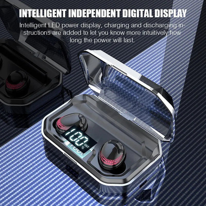 Black X10 Bluetooth wireless earbuds with charging case showing compact 150x100x40mm dimensions