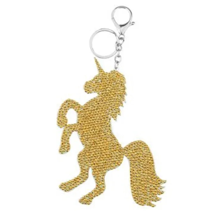 Diamond painting keychain craft kit with four style options: ladybird, Santa Claus, unicorn, on a white background