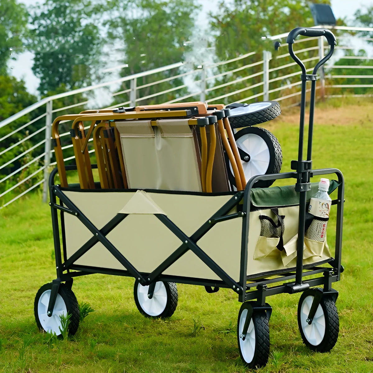 Portable folding cart outdoor picnic camping gathering trolley in khaki with table plate and metal frame