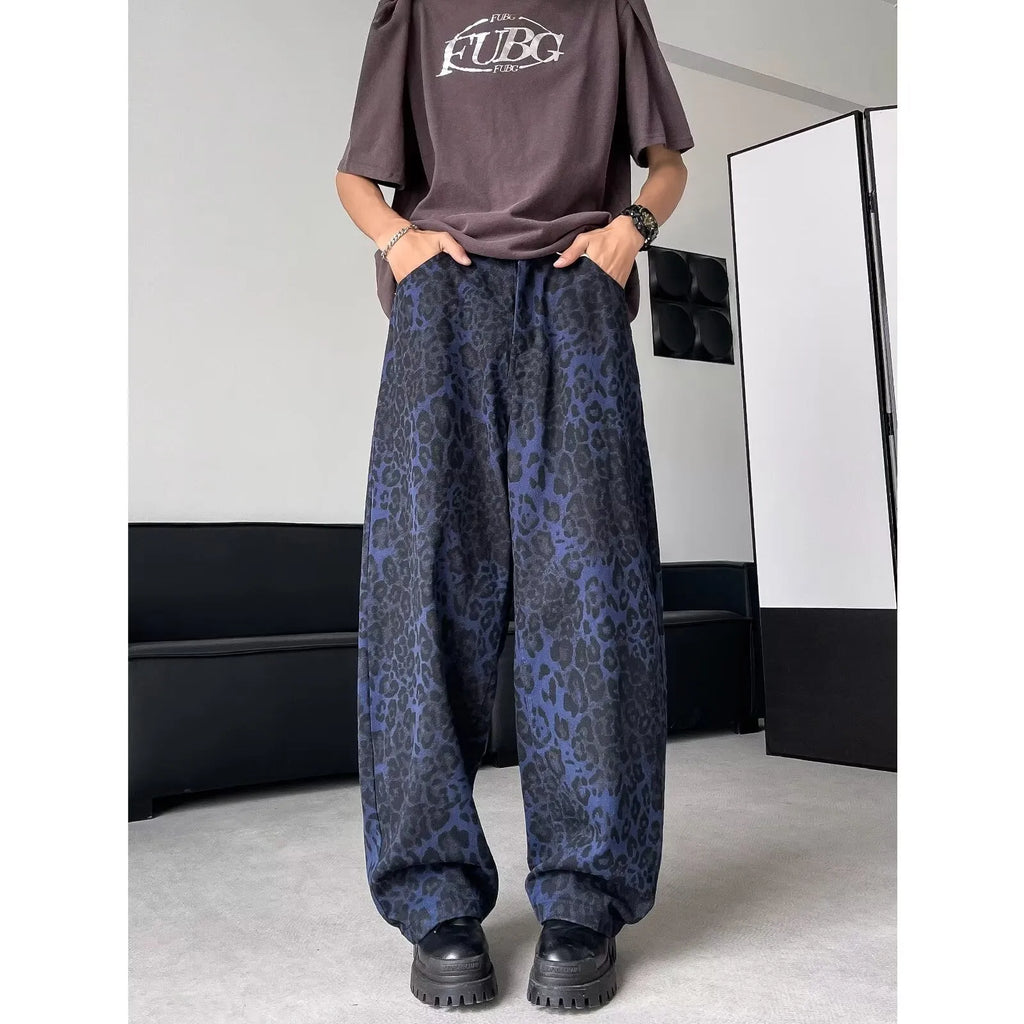 American Retro blue leopard print wide-leg cotton trousers for teenagers, loose straight cut with zipper fly