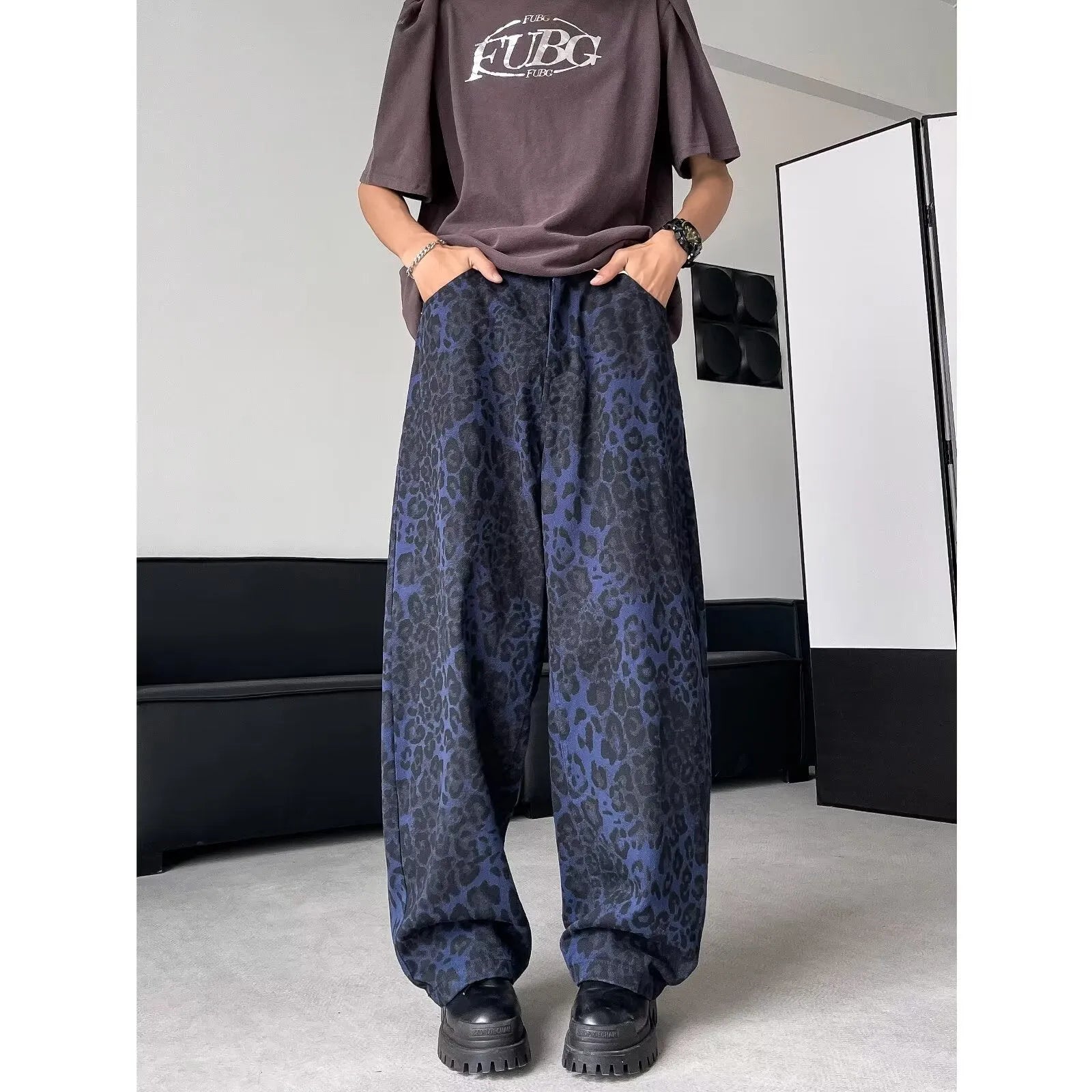 American Retro blue leopard print wide-leg cotton trousers for teenagers, loose straight cut with zipper fly