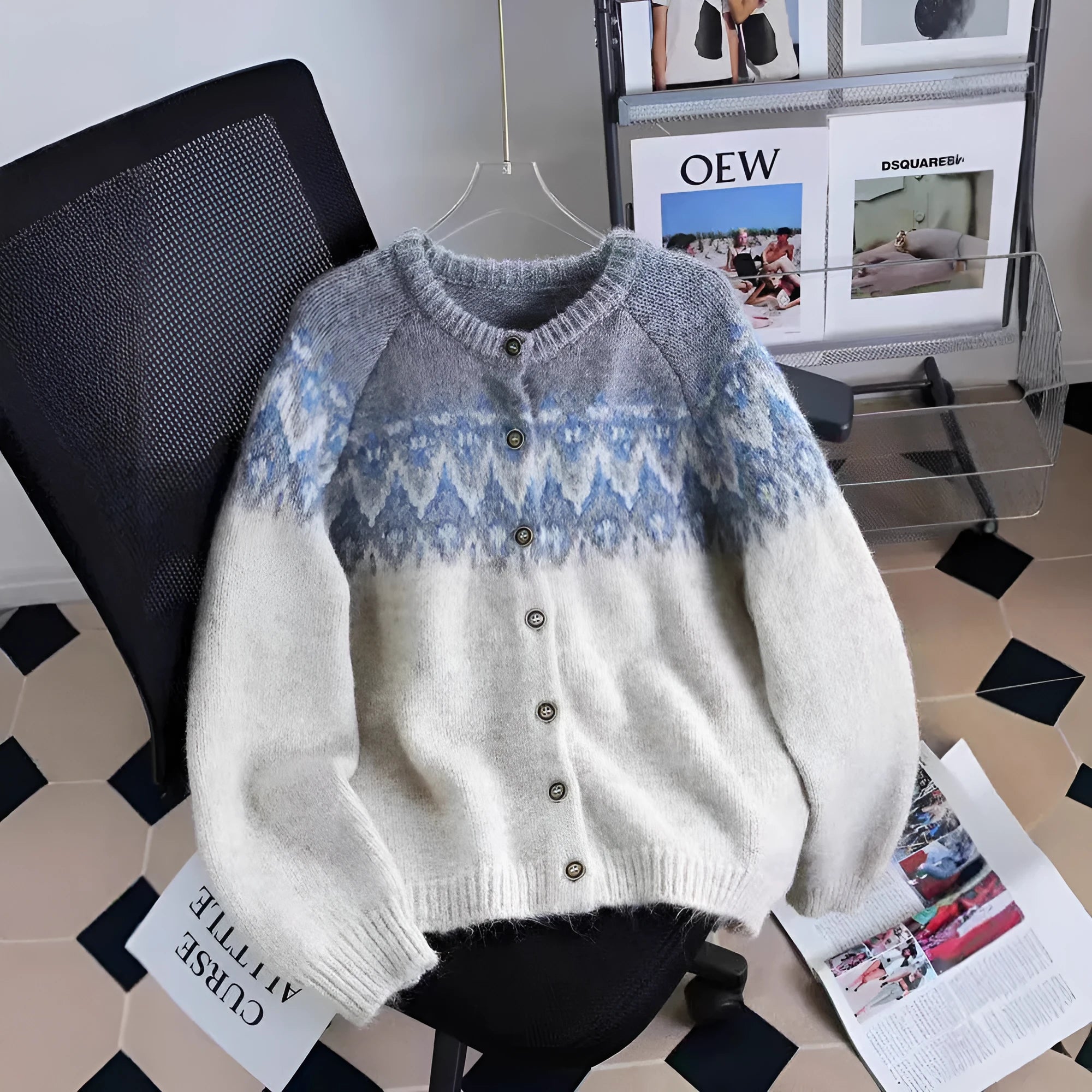 Women's loose fit jacquard patterned sweater coat in milky white