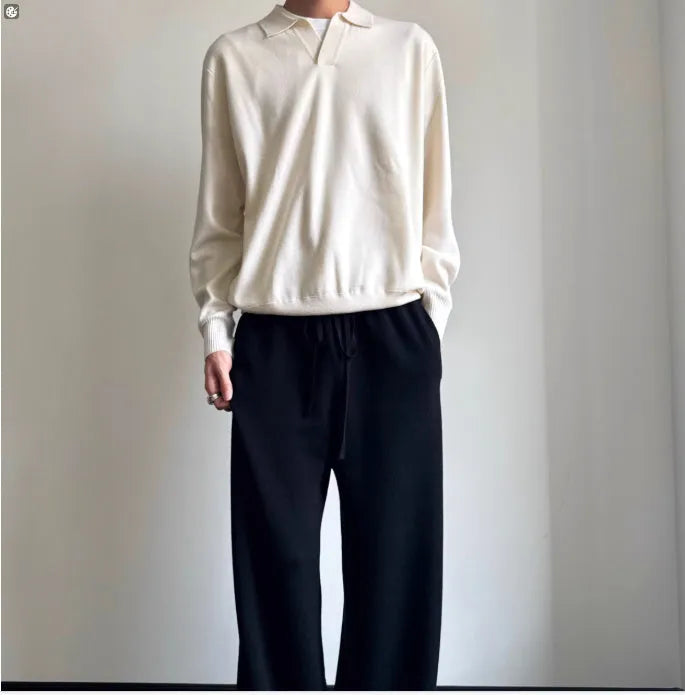 Men's pure wool polo sweater with lapel collar in milky white or navy blue