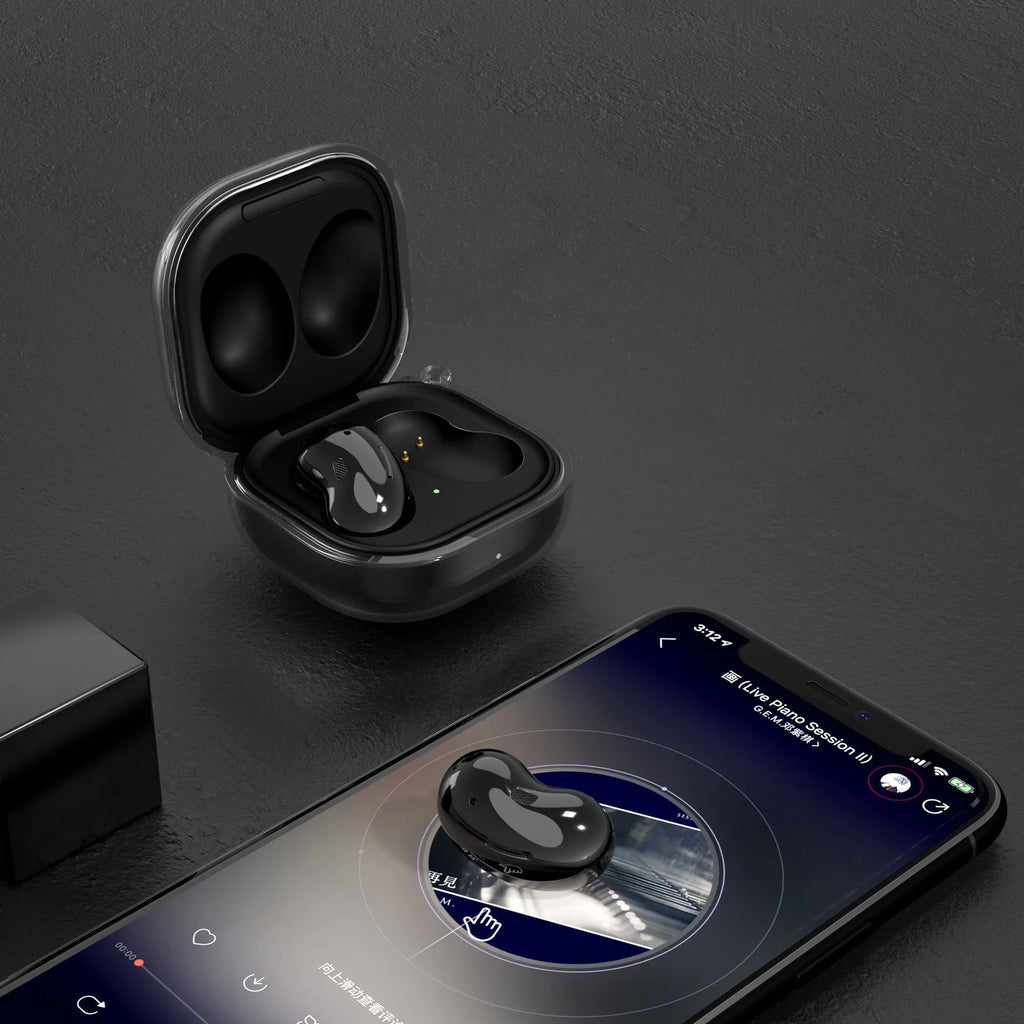 Translucent Bluetooth ear case in clamshell design showing interior earbud compartments