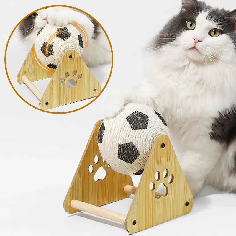 Vertical wooden cat scratching post in football style with solid wood frame and sisal rope surface for claw grinding.