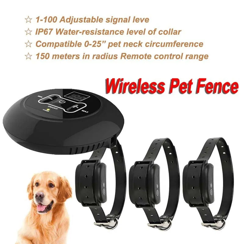 Wireless pet fence training collar with transmitter, IP67 waterproof, adjustable signal, 150m range, fits 25 inch neck