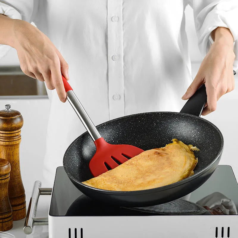 Silicone kitchenware set with stainless steel tube handle, eight utensils in red or black for cooking and baking