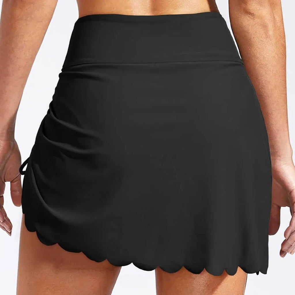 Women's pantskirt swimsuit with drawstring bikini and attached anti-exposure skirt in nylon, sizes S to XL