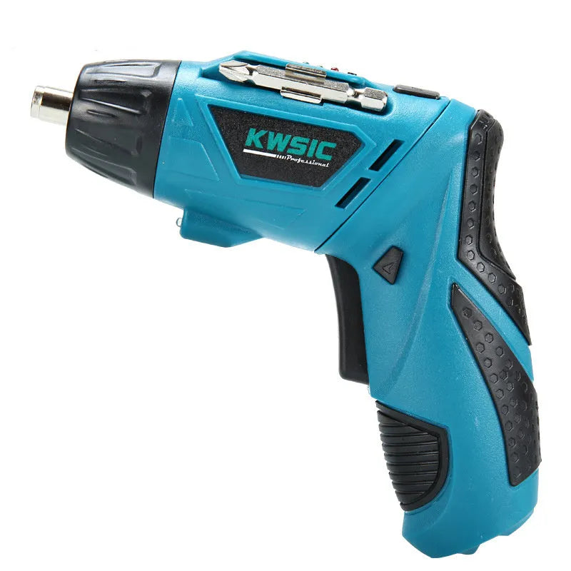 4.8V rechargeable electric screwdriver set with blue body, rotating handle, and battery indicator light on a grey background