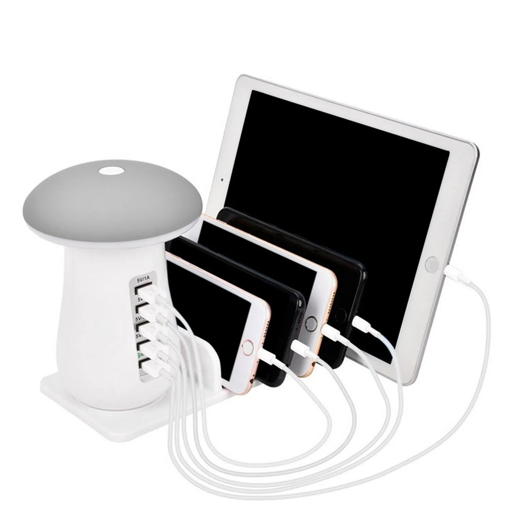 Mushroom-shaped white LED desk lamp with 5 USB charging ports for tablets and smartphones