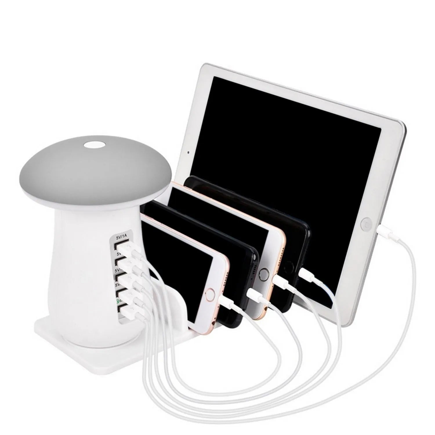 Mushroom-shaped white LED desk lamp with 5 USB charging ports for tablets and smartphones