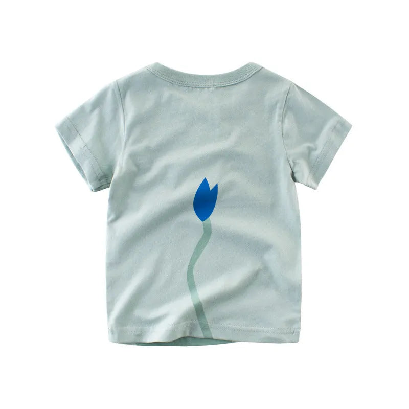 Boys' cotton T-shirt with animal print option, shown in sizes from 90cm to 140cm on a size chart.