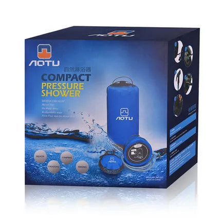 Blue portable outdoor shower bag with 11L capacity, foot pump, and 200cm hose