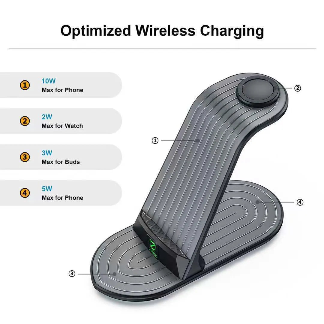 Four-in-one wireless charger in black for Apple iPhone, iWatch, and headset, with cable and adapter