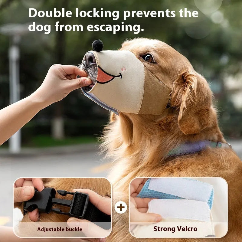 Canvas dog muzzle anti-bite mouth cover in Bondi Blue Shark colour shown next to size guide for S, M, L, and XL.
