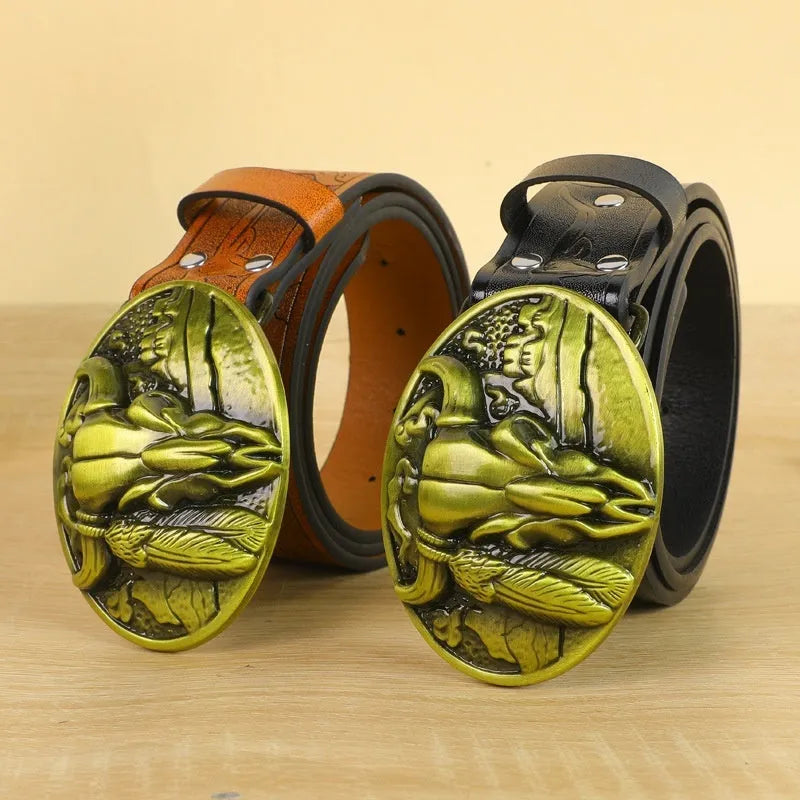 Men's imitation leather belt with decorative alloy cow head buckle in black or brown colours