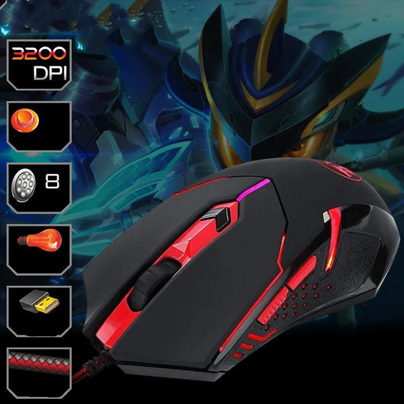 Black and red USB wired optical gaming mouse with ergonomic design and 6 programmable keys