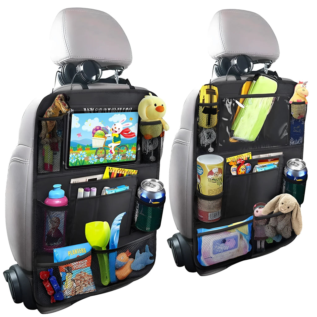 Car seat back storage pouch with 9 storage bags and transparent iPad pocket in black mounted on a car seat