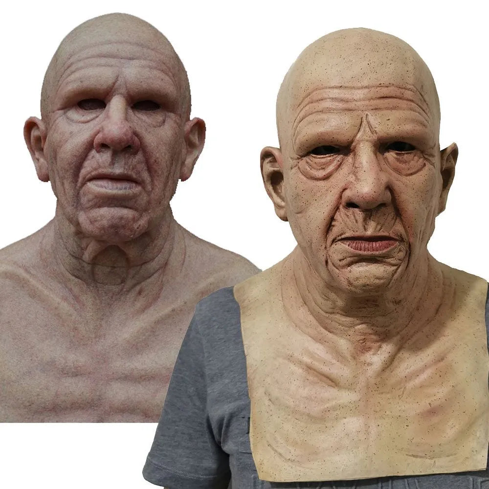 Latex old man mask with white hair and white beard for Halloween fancy dress