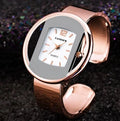 Women's adjustable cuff bracelet watch with 40mm dial, steel band, and choice of gold or silver finish