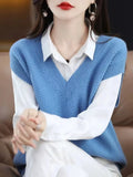 Women's creamy-white V-neck sleeveless knitted vest with a 3D pattern, laid flat.