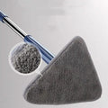 Blue triangle mop with rotating head on an extendable stainless steel pole for cleaning floors and walls.