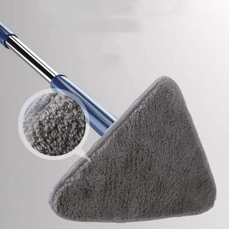 Blue triangle mop with rotating head on an extendable stainless steel pole for cleaning floors and walls.