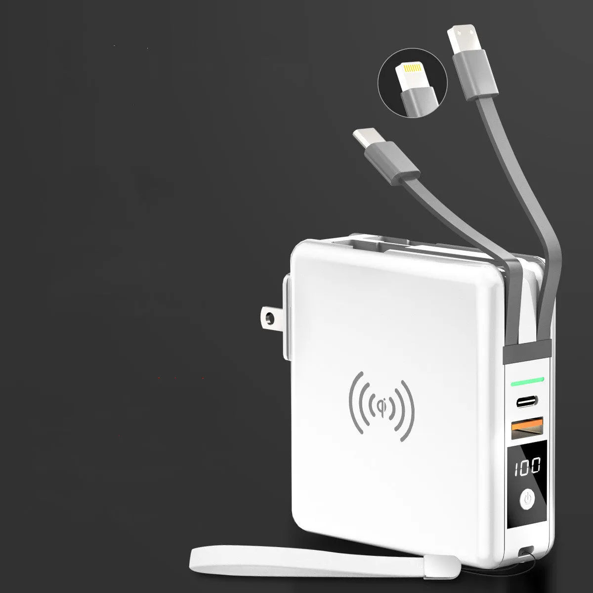 Black and white wireless charging power bank with folding UK plug and international travel adapters