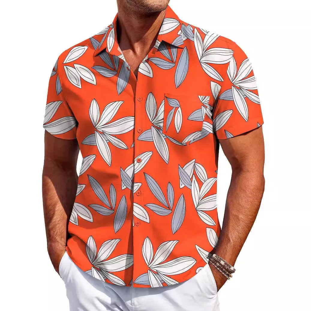 Man wearing a slim-fit short sleeve Hawaiian shirt in a cardigan style, available in various colours.