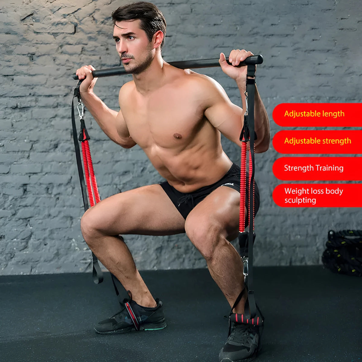 Body workout trainer bar with resistance bands and rubber buckles, 100cm pole length, home strength training equipment