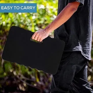 Blue plastic garden kneeler pad on grass, measuring 45 cm long, for knee protection during gardening.
