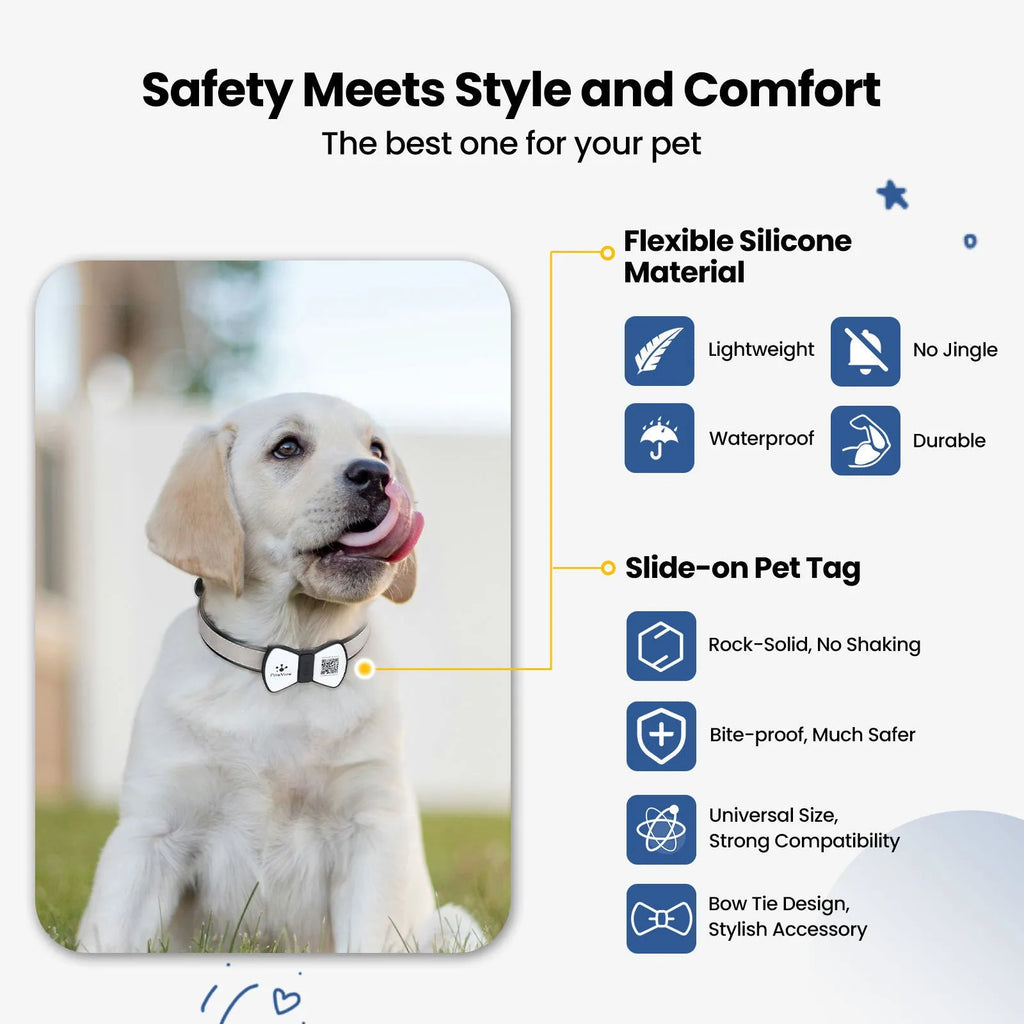 NFC smart QR pet tag in black silicone with printed bowknot pattern, attached to a matching collar on a light background