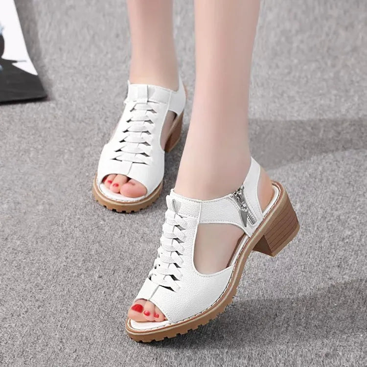 Women's retro sandals with side zipper in artificial PU and beef tendon sole