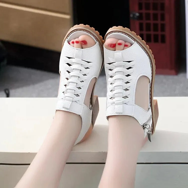 Women's retro sandals with side zipper in artificial PU and beef tendon sole