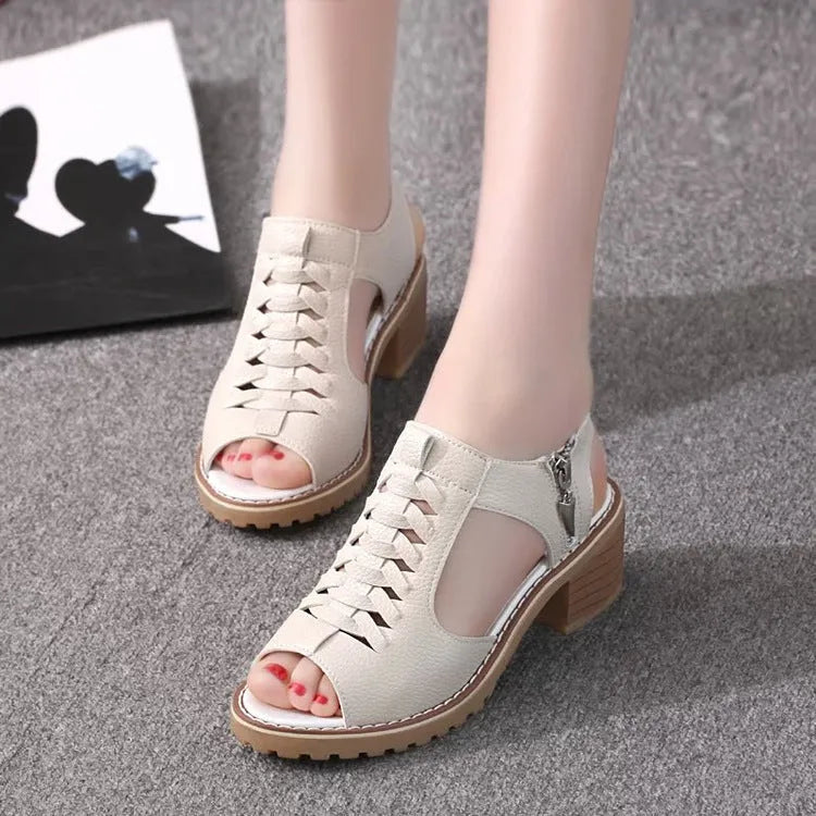 Women's retro sandals with side zipper in artificial PU and beef tendon sole