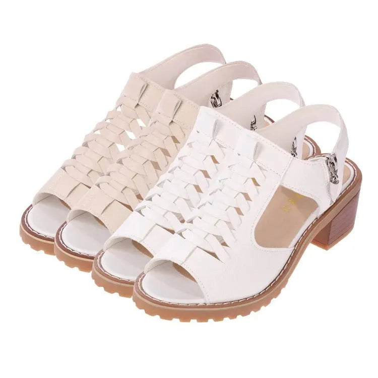 Women's retro sandals with side zipper in artificial PU and beef tendon sole