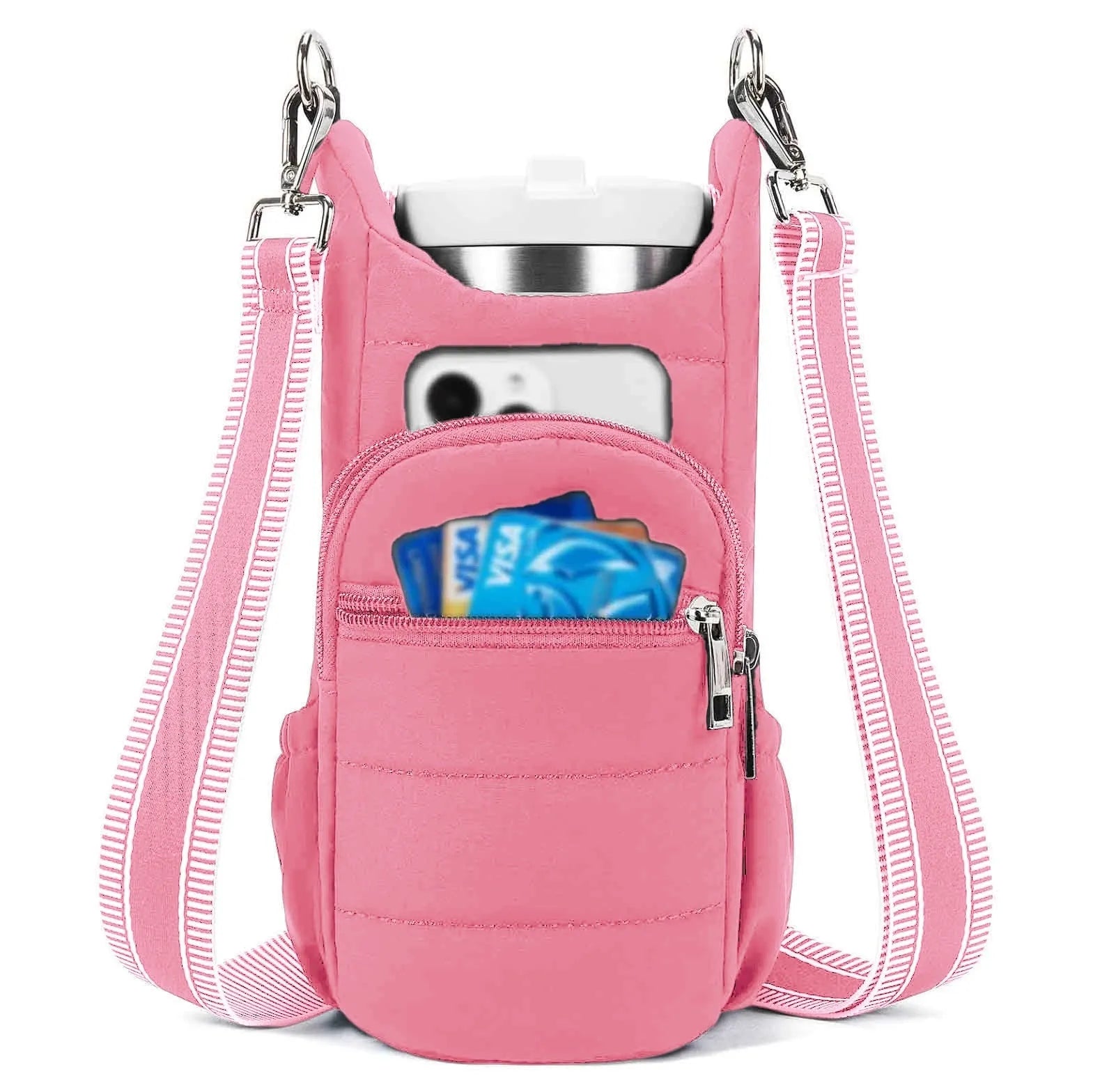 Cloth bicycle water bottle bag in black, pink or beige colour mounted on bike frame
