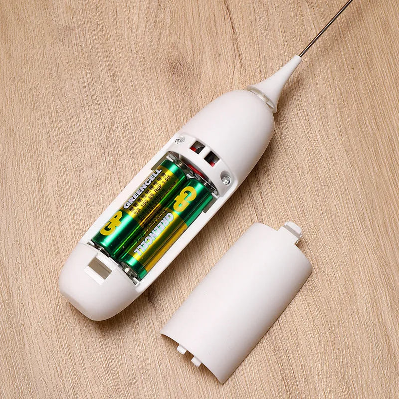 Black and white hand-held electric milk frother blender with modern design