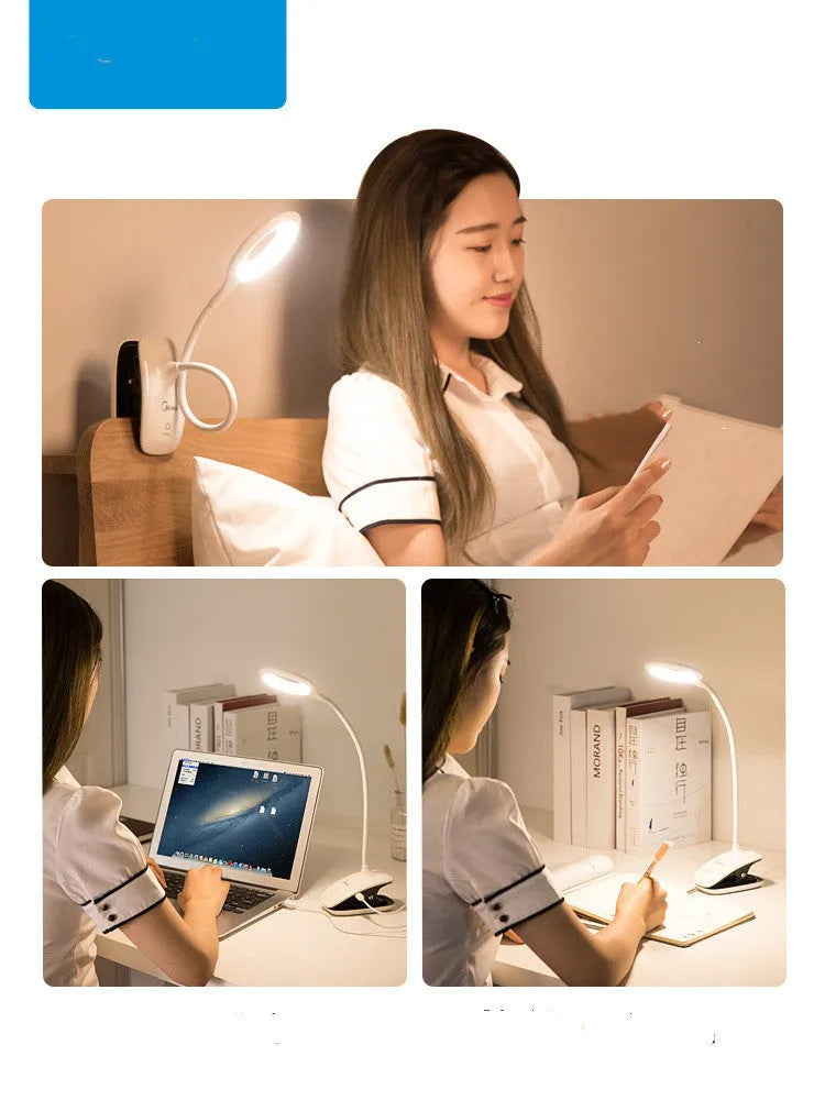 Green USB rechargeable table lamp with touch switch on a wooden desk.